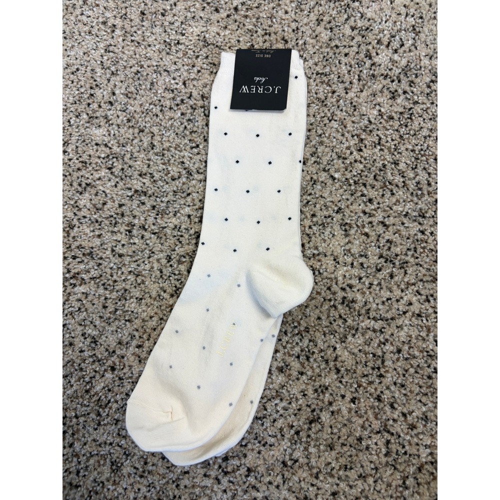J.CREW Socks Womens One Size Polka Dot Crew Length Cotton Blend Ivory Navy NWT